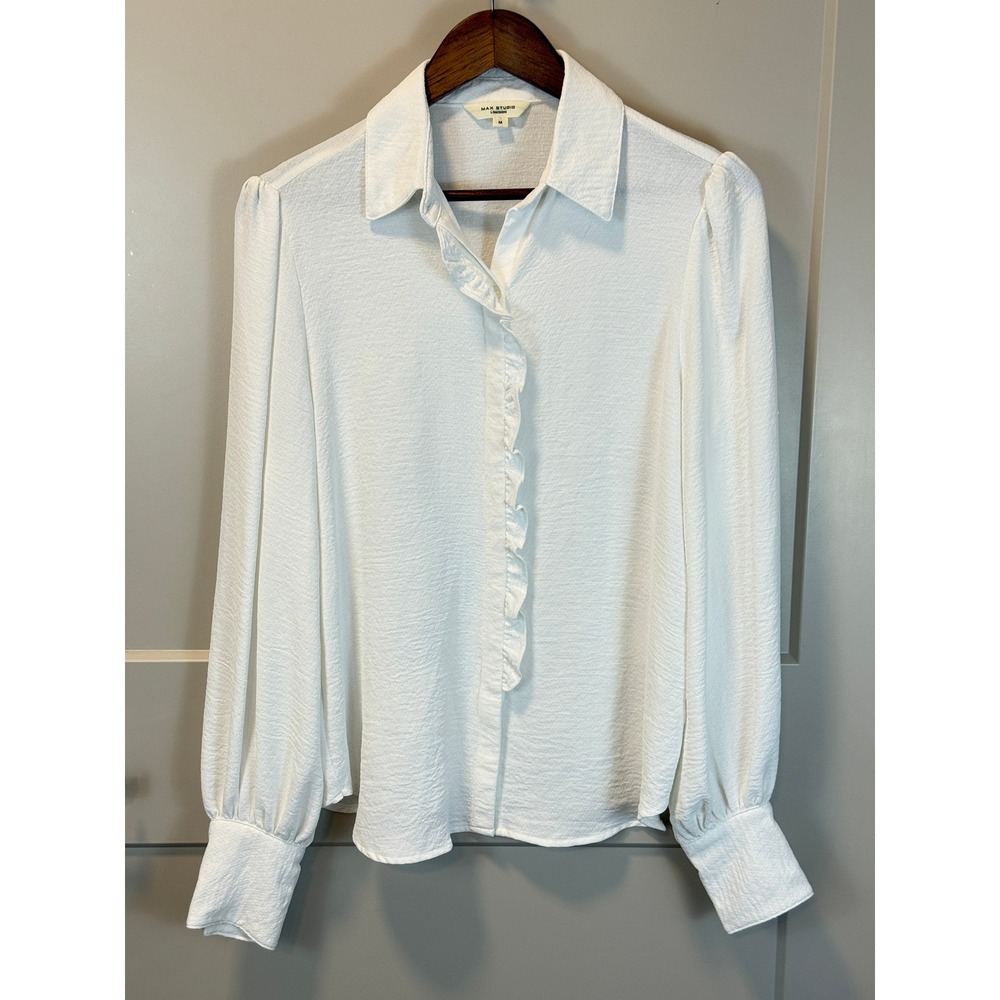 Max Studio White Ruffle Front Placket Balloon Sleeve Blouse Size Medium‎